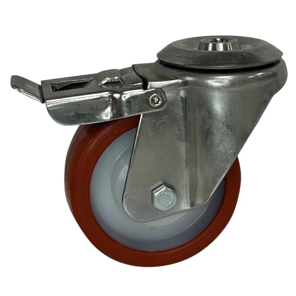 FITG4 080 NPL5-FD - Soporte inoxidable giratorio con freno, Sujeción por tornillo, Rueda Nylon - Poliuretano