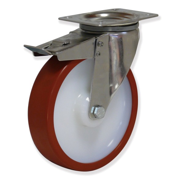 MIPG5 150 NPX5-FD - Soporte inoxidable giratorio con freno, Sujeción por pletina, Rueda Nylon - Poliuretano