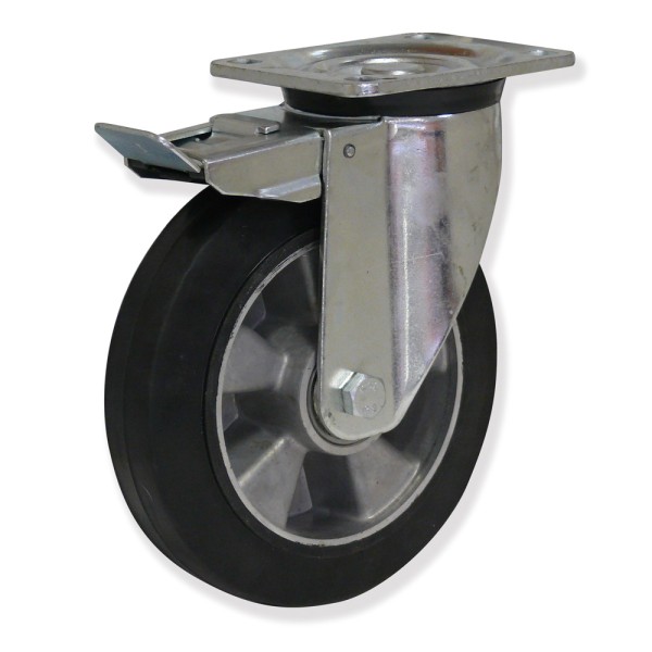 KPG5 200 ACB5-FD - Soporte giratorio con freno, Sujeción por pletina,  Rueda Aluminio - Caucho