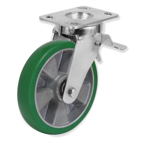 QPG6 200 AEBB5-FD - Soporte giratorio con freno, Sujeción por pletina, Rueda Aluminio - Elasthane balonada